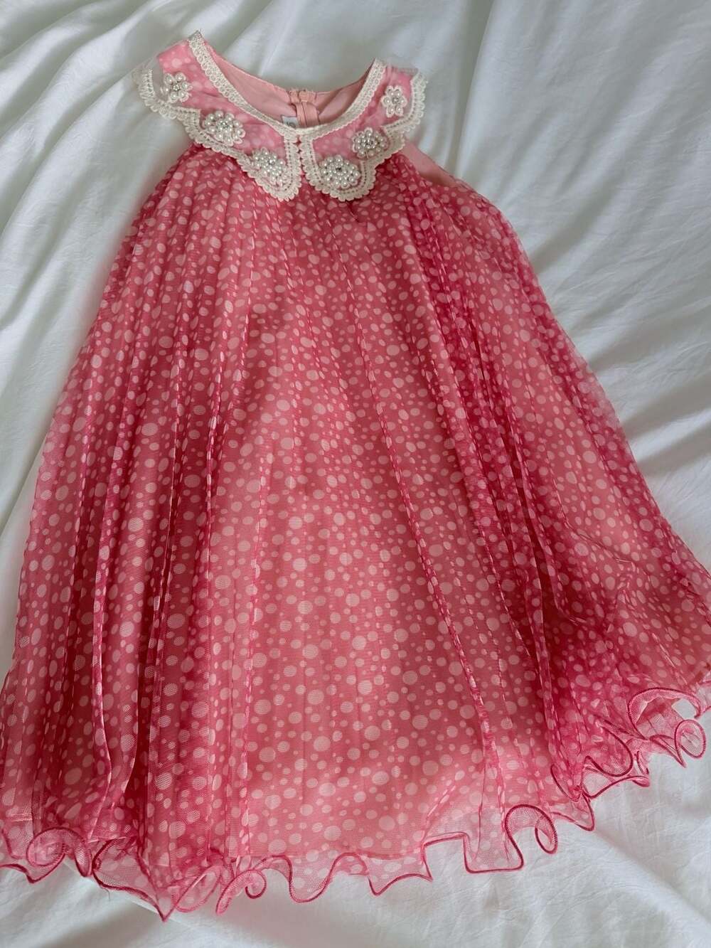 Bonnie Jean Coral Polka Dot Sleeveless Girls Party Dress with Lace and Pearl Col